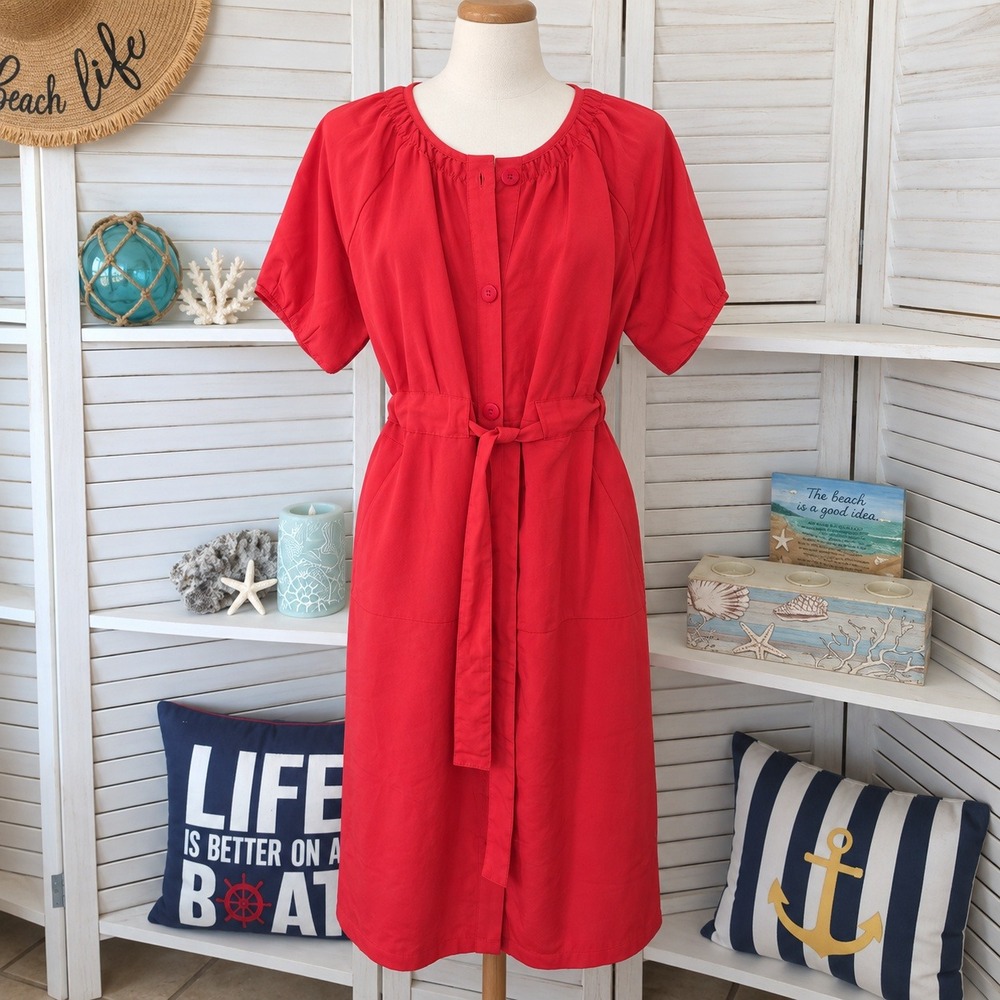Prologue Red Button Front Midi Dress Large Short Sleeve Belted Pockets